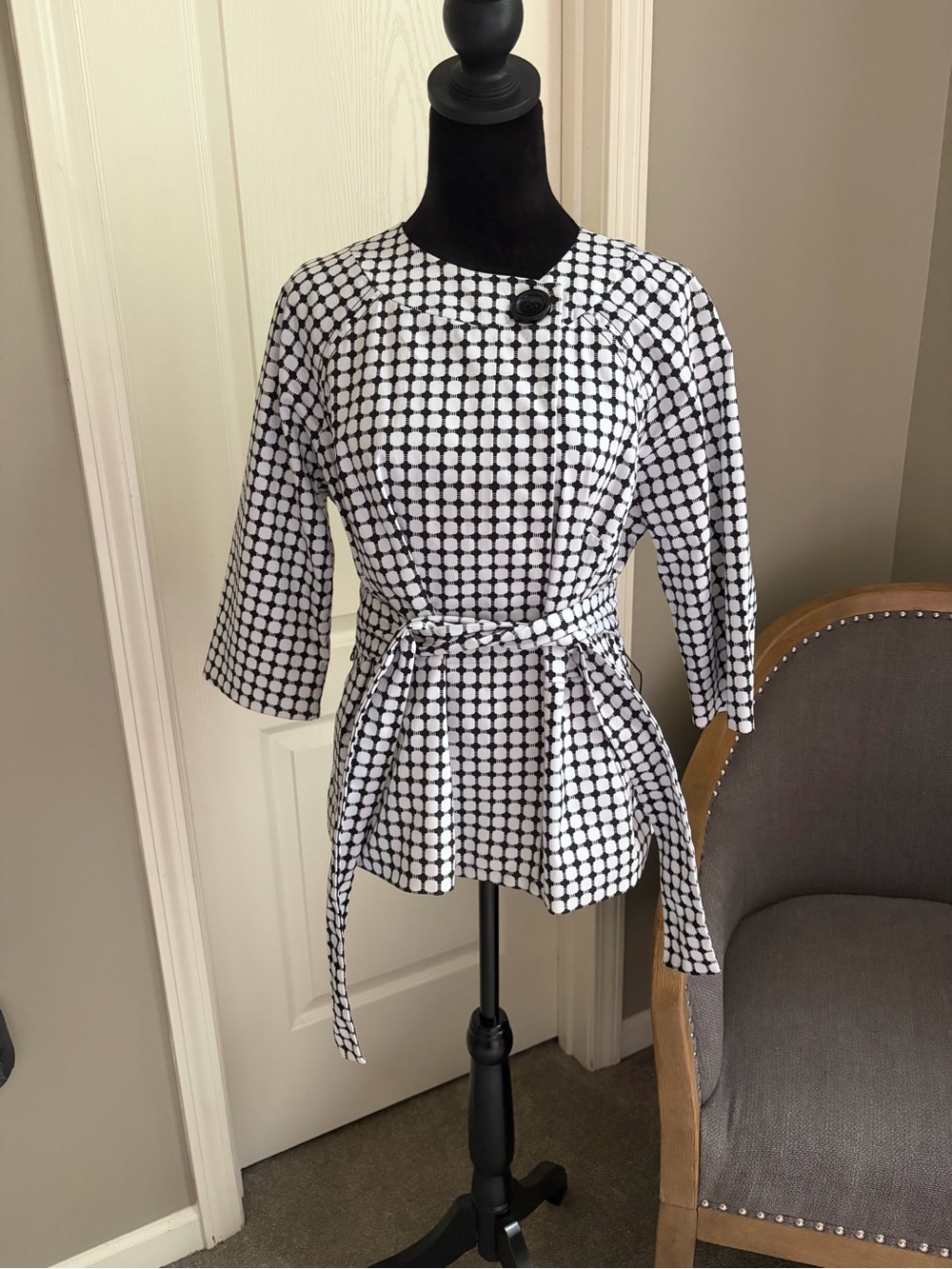 Covington Black & White Polka Dot Tie-Waist Jacket